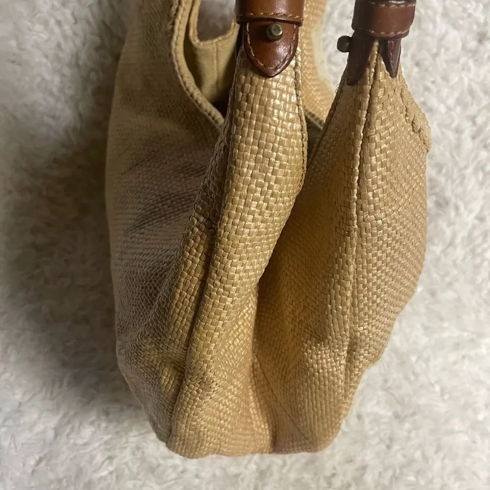 Forth & Towne Cognac synthetic woven Satchel beige embroidery tan leather straps